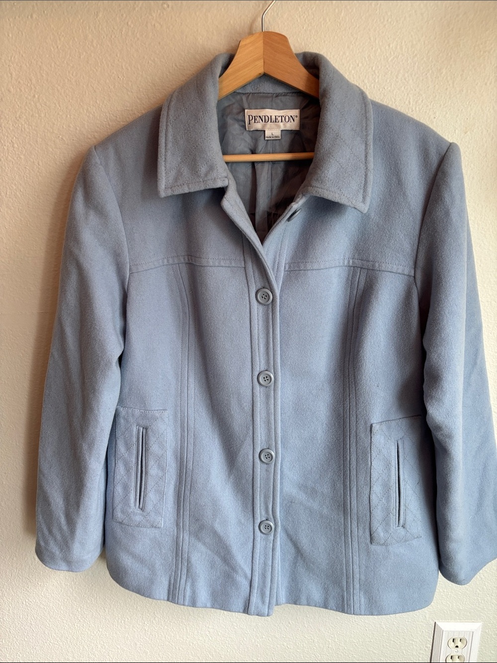 PENDLETON Light Blue 100% Merino Wool Periwinkle Pea Coat Vtg Large - Picture 2 of 9